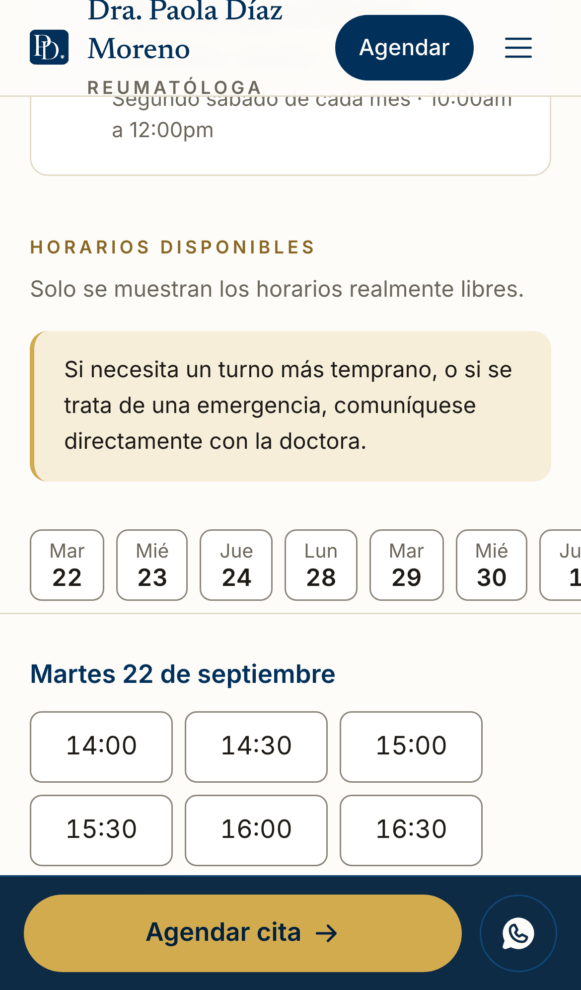 Agendar desde el celular: la tira de fechas y los turnos libres en una sola pantalla, con el botón siempre a la vista.